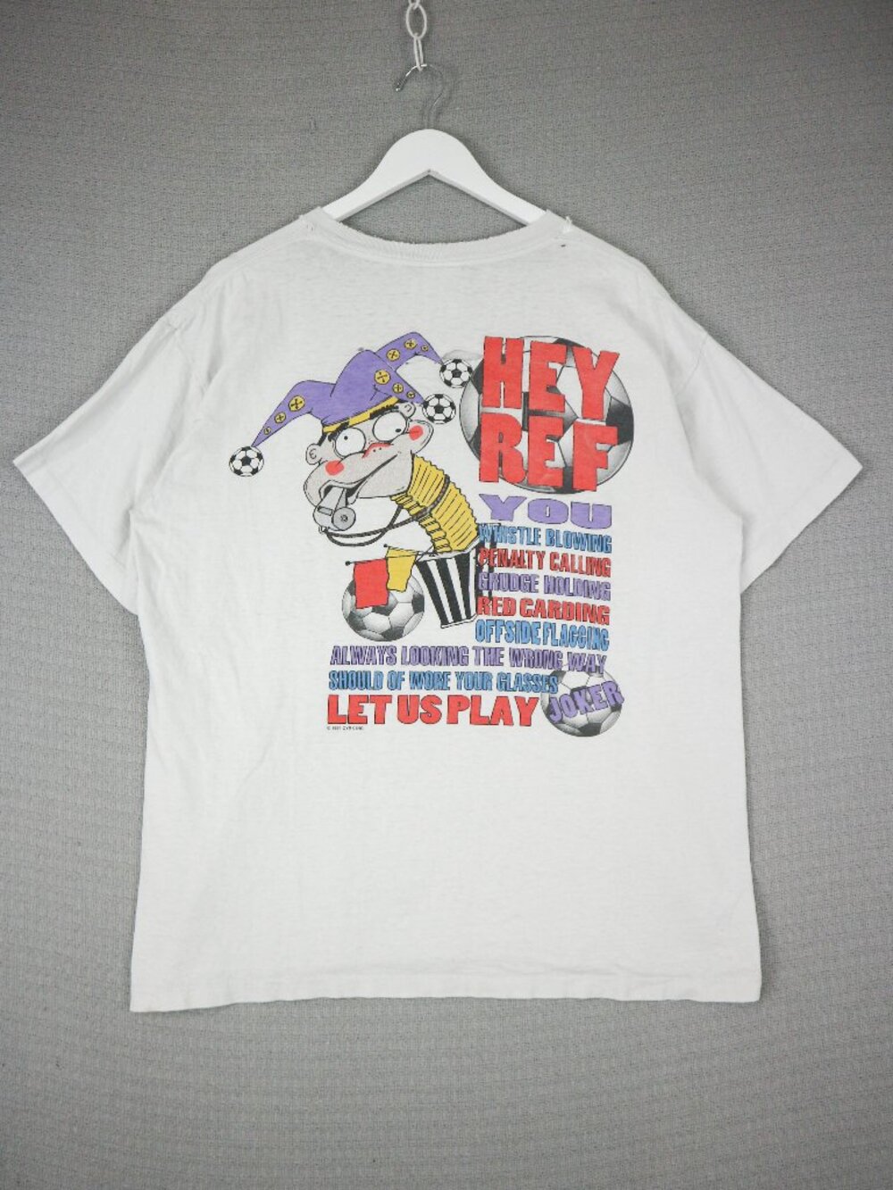 CYRK Sport 1990s Singe Stitched Distressed " HEY REF " Humour Tee 1994 Clown L